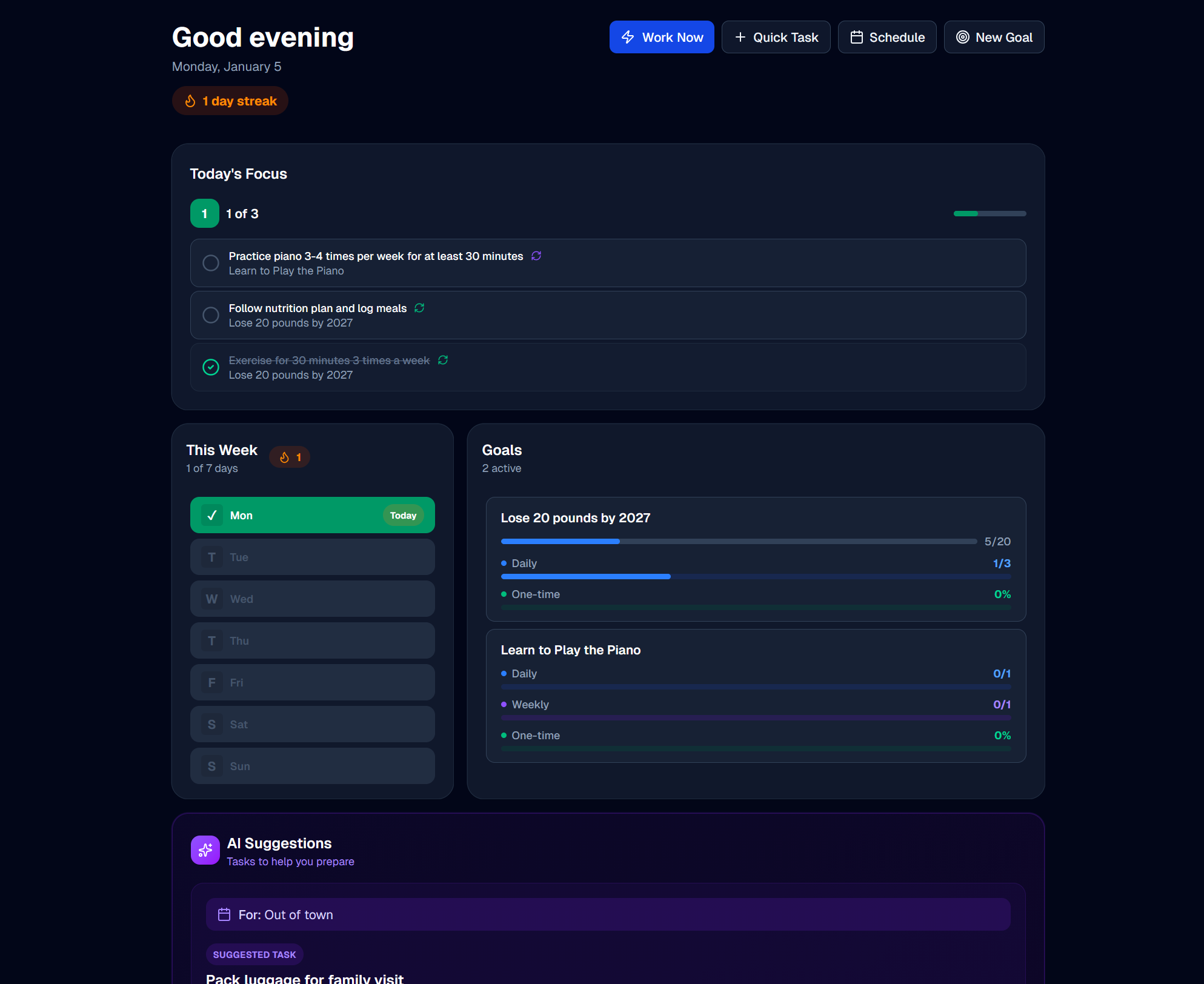 Habitu dashboard showing calendar, goals, and task management